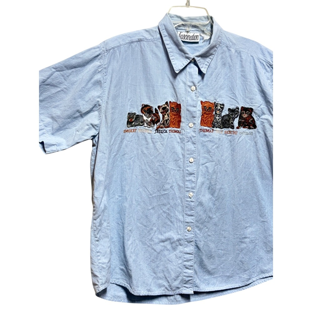 Vintage Fascination Light Blue Short Sleeve Embroidered Cat Kitten Button Down L